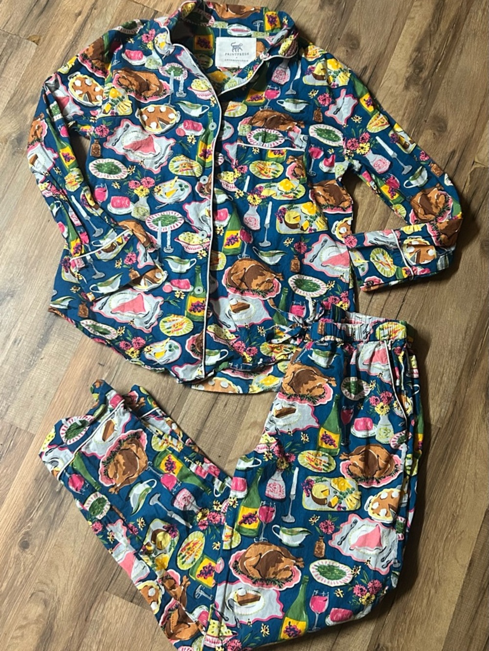 Anthropologie Printfresh Festive Feast Pajama Sleep Set Top Shirt Pants Sz XS